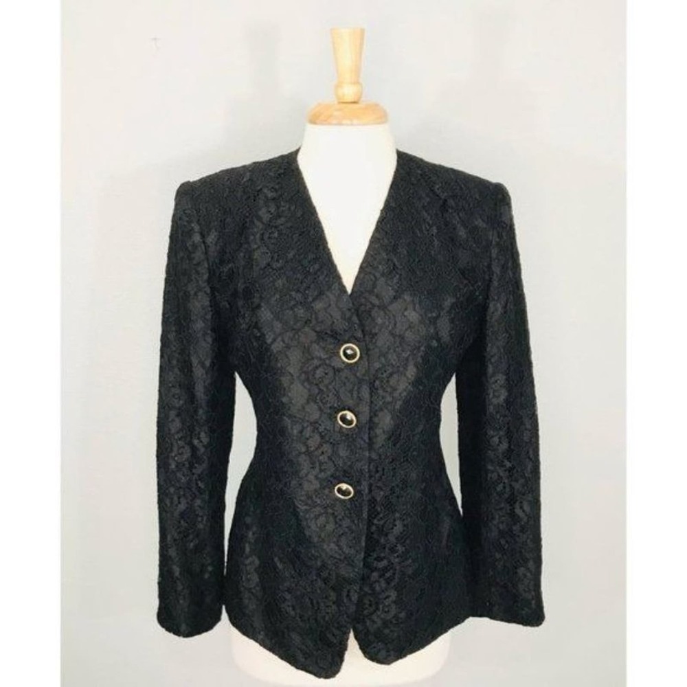 Vintage Oleg Cassini Black Lace Blazer Jacket Doily Eyelet Applique, 6